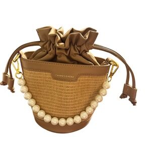 Cahres&Heka Bucket Bag Pearl‎ Handle Straw Leather Drawstring Tan